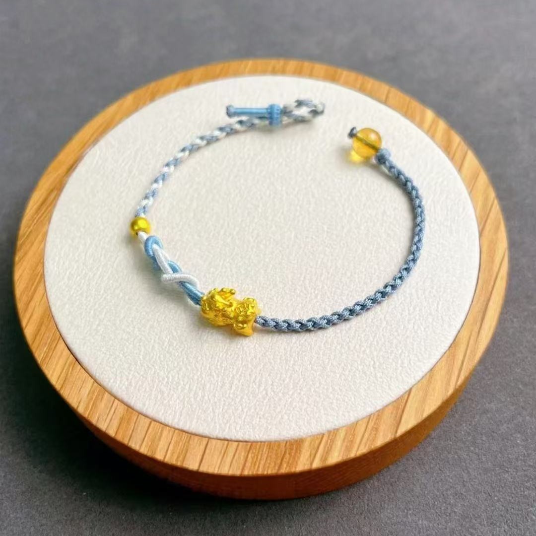 Pure Gold 999 Pixiu Baby Bracelet 3D Hard Gold Small Pixiu Birth Year Braided Anklet Pixiu Transfer Beads on Behalf of