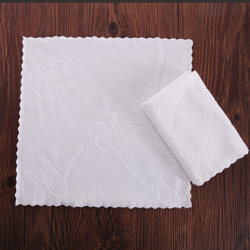 Factory wholesale fine fiber embossed cut edge small square wipes disposable napkin hotel bath White small towel
