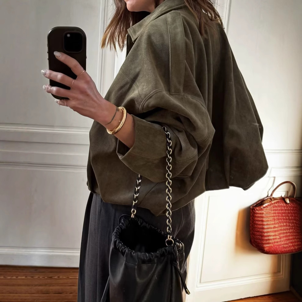 2025 Autumn and Winter New European and American Cross-Border Women's Suede Textured Lapel Bomber Jacket W107 8824