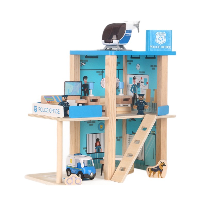 Children's wooden simulation play house Villa toy house doll house fire station police station parking lot birthday gift