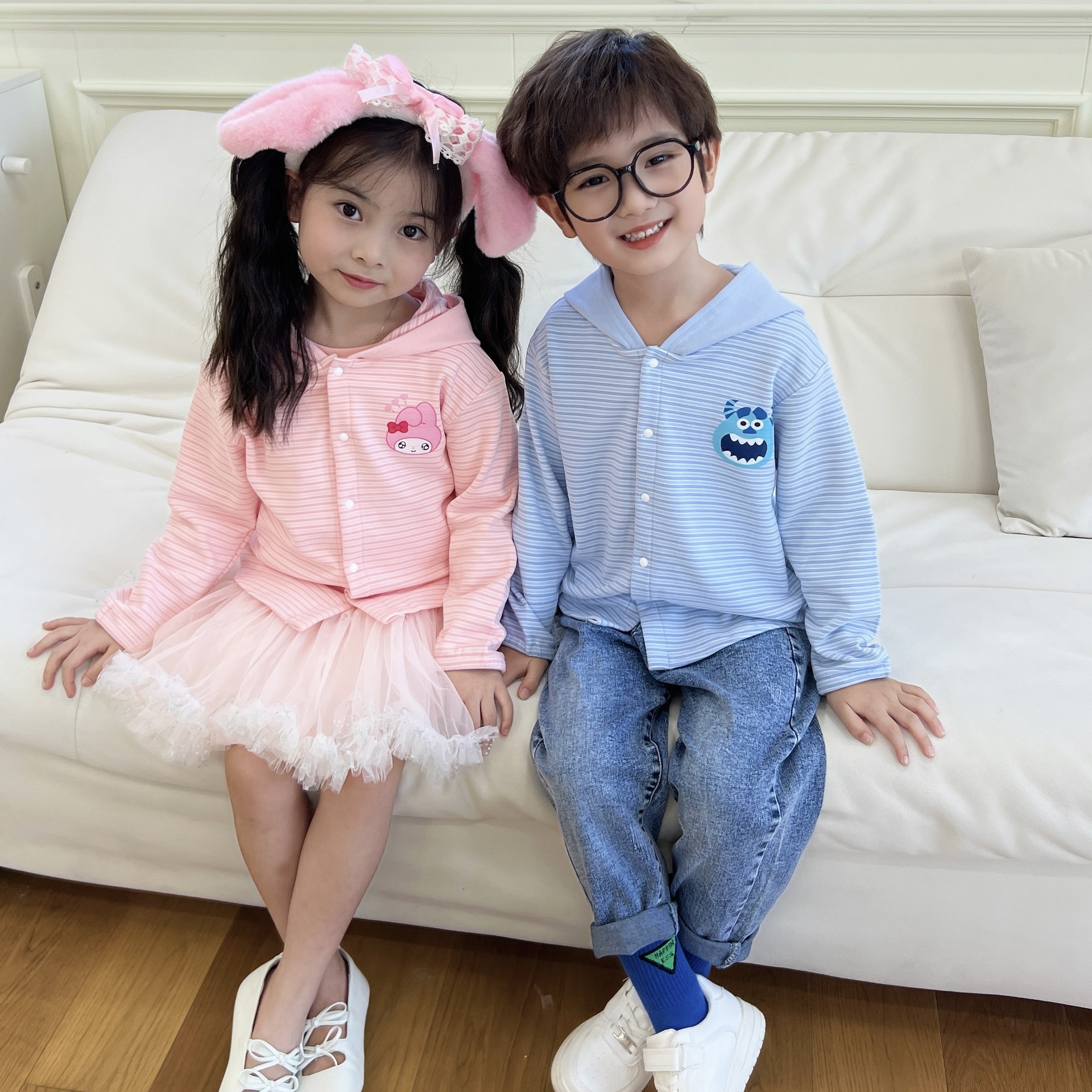 24 Children's Wear Autumn New Children's Coat Boys and Girls Hooded Cartoon Ear Cardigan Cute Autumn Thin Striped