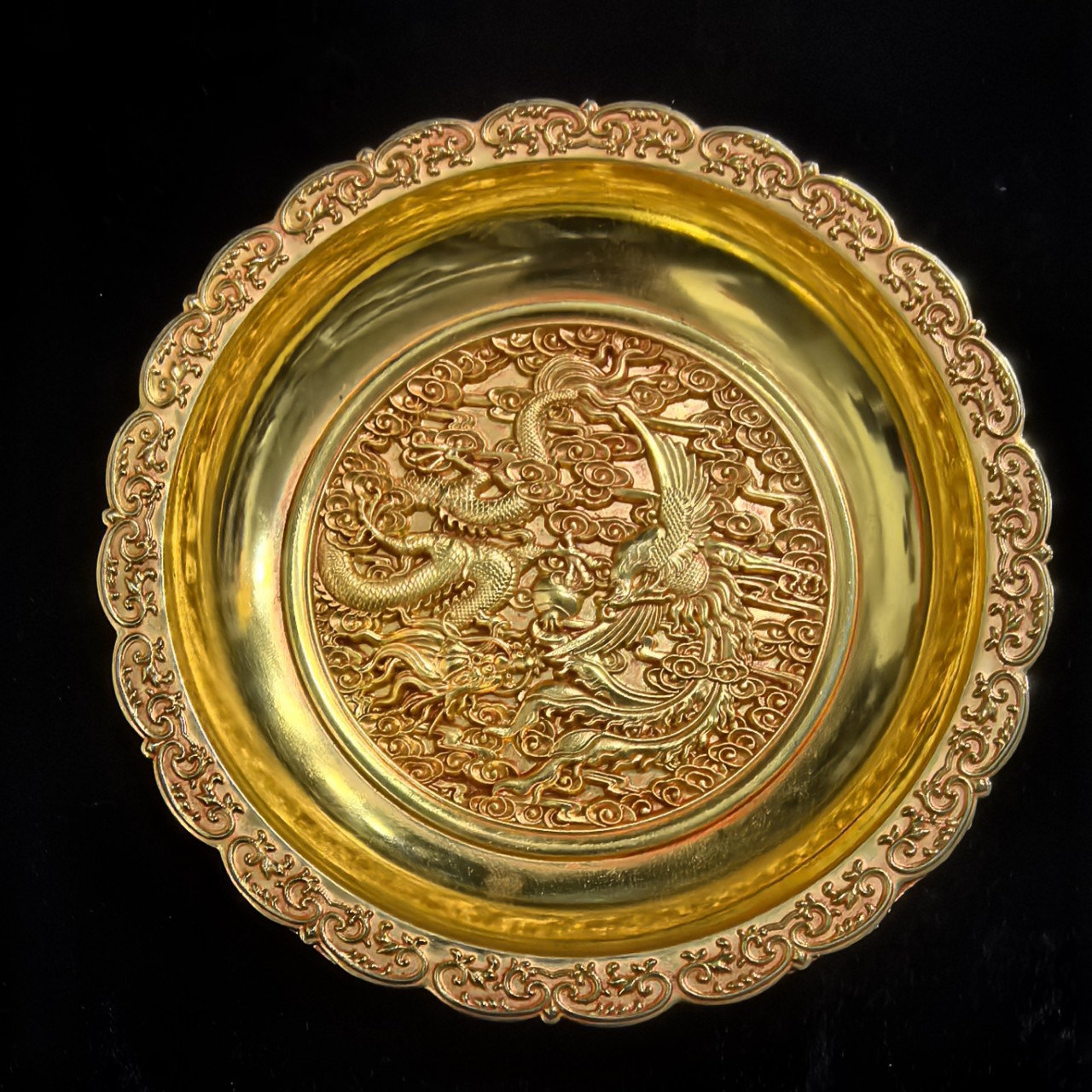 Antique Pure Copper Gilt Dragon and Phoenix Plates and Dishes Home Furnishings Antique Collection