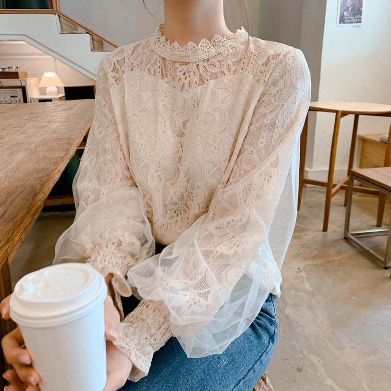 2025 New White Korean Style Loose Long-Sleeved Mesh Lantern Sleeve Lace Bottoming Shirt with Inner Top for Women