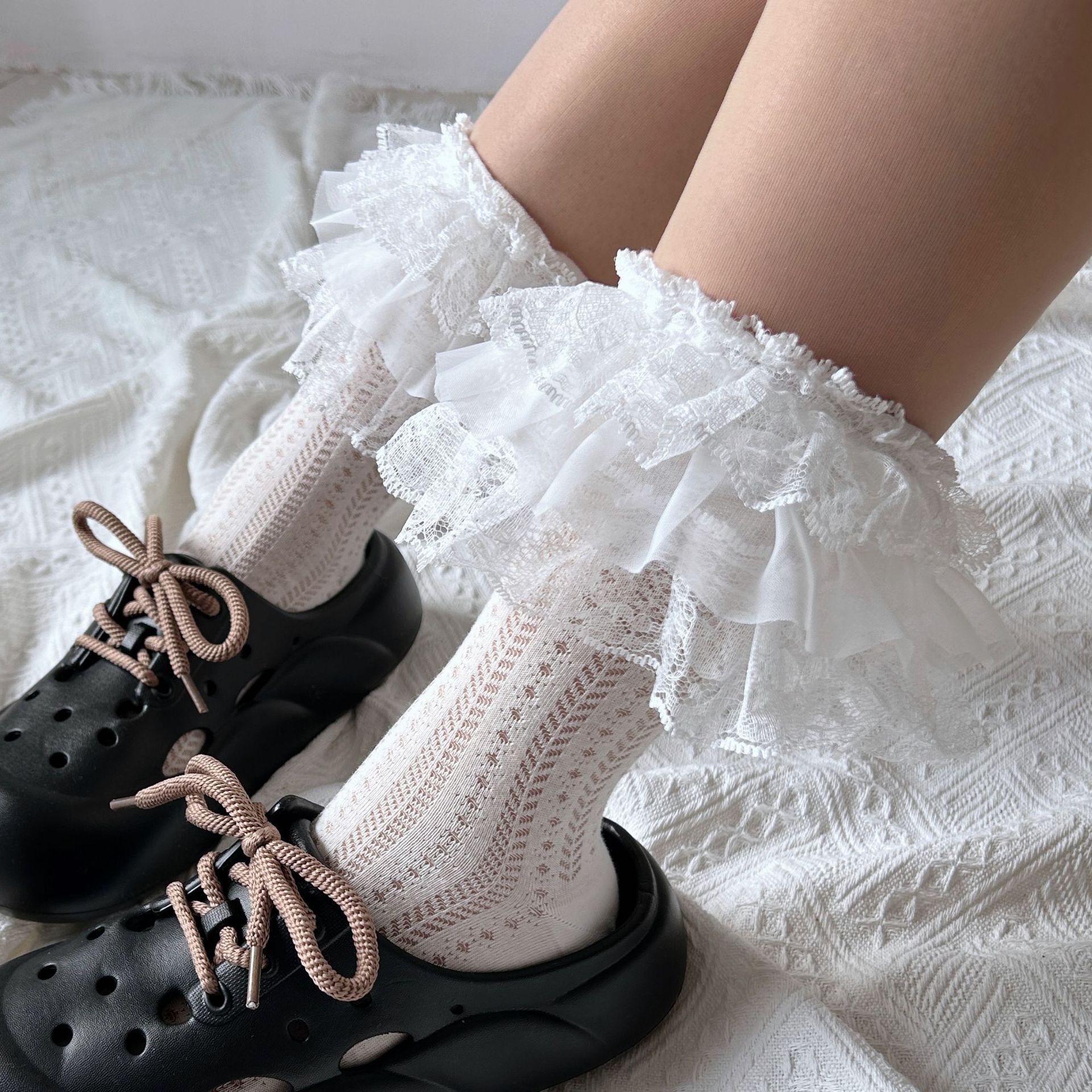 Милые трехслойные кружевные носки в японском стиле, чулки с кружевом для лолиты