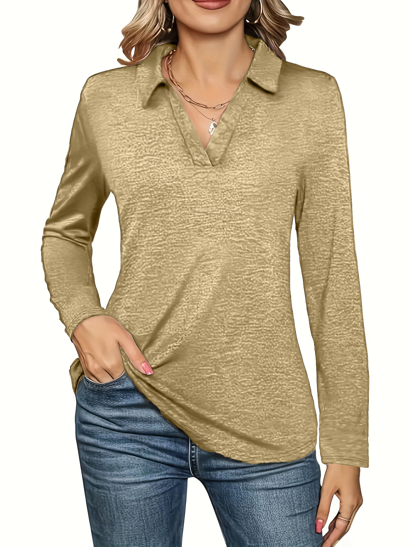 Spot Cross-Border Spring & Fall Pure Color V Neck Long-Sleeved T-Shirt, New Fashion Casual Women's Tops