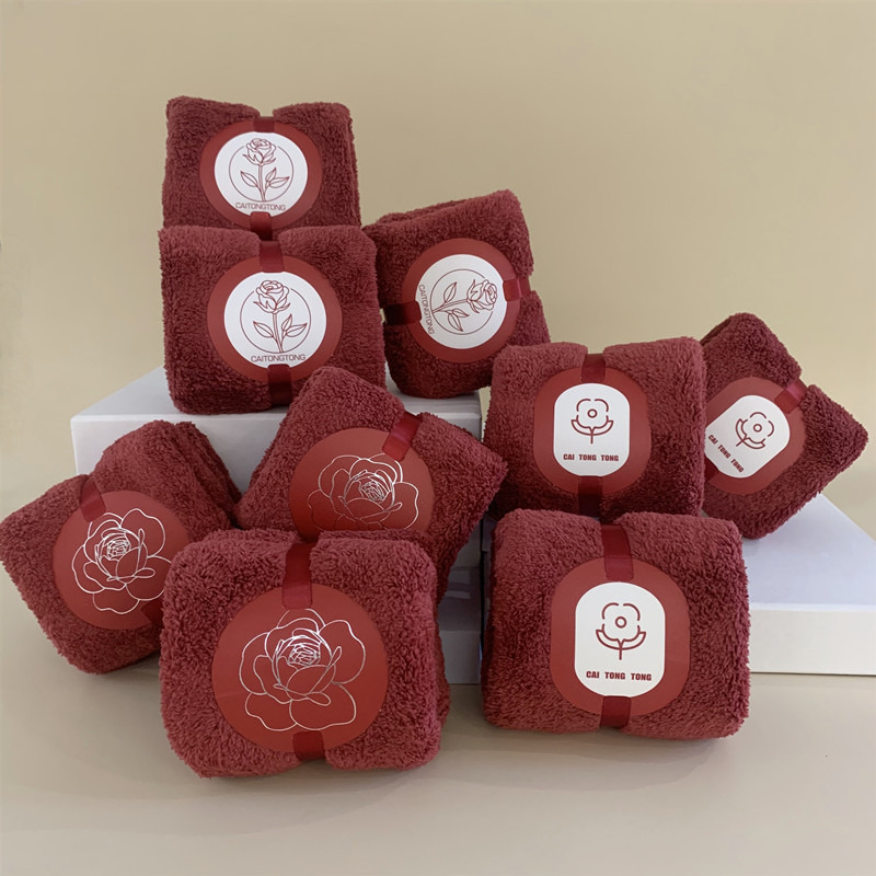 Wedding party birthday gift box with coral fleece Camellia small red flower square towel wedding towel
