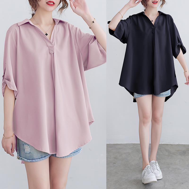 Chiffon Shirt for Women Summer 100kg Fat mm Korean Style Large Size Loose Belly-Covering Slimming Look Waist Elegant A-Line Shirt