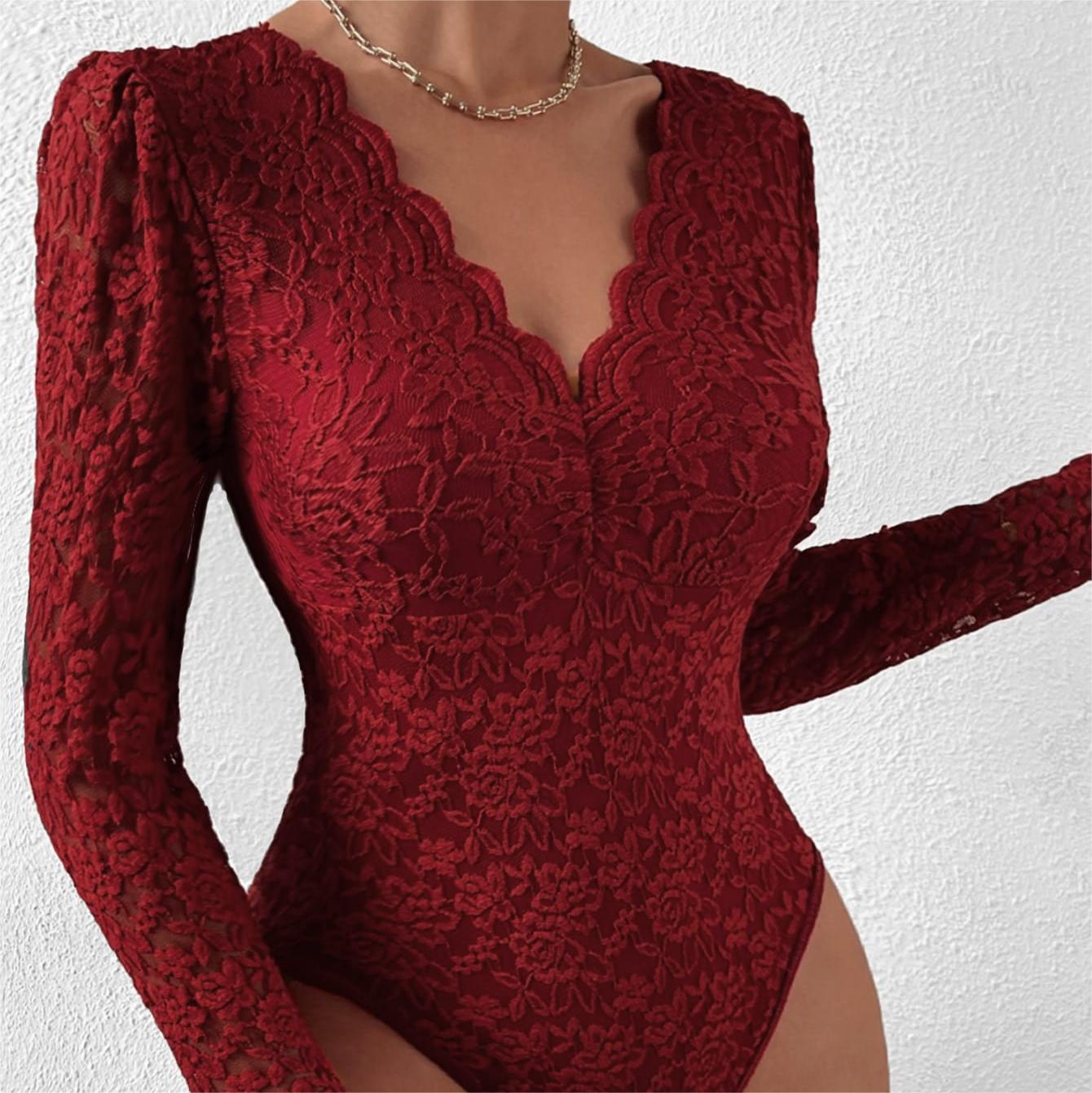 Cross-border foreign trade Amazon hot selling sexy solid color lace long sleeve hot girl perspective slim jumpsuit 10717