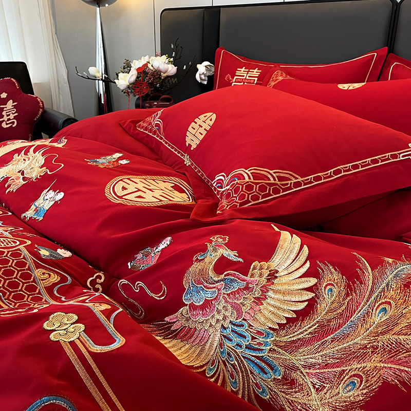Wedding Four-Piece Set Wedding Wedding Room Quilt Bed Sheet Dragon and Phoenix Embroidered Quilt Cover Wedding Big Red Bedding