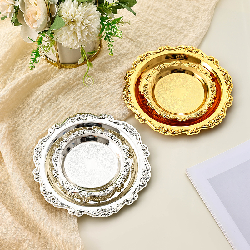 Metal Round Cake Plate Internet Popular Mini Jewelry Plate Snack Tray Snack Plate Vintage Carved Golden Storage Plate