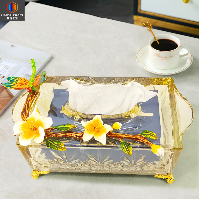 High-end Light Luxury Tissue Box Living Room Household Creative Paper Box American Glass Electroplated Amber Paper Storage Box