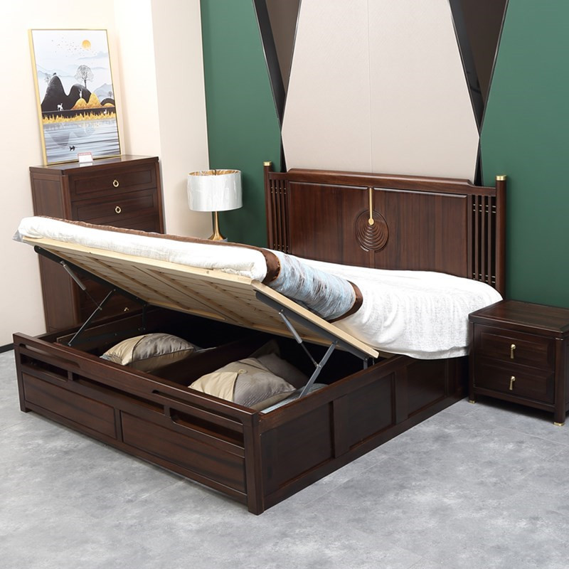 Ebony Furniture Modern Minimalist Bedroom High Box Light Luxury Storage Bed 1.8m Double Bed New Chinese Style Solid Wood Bed