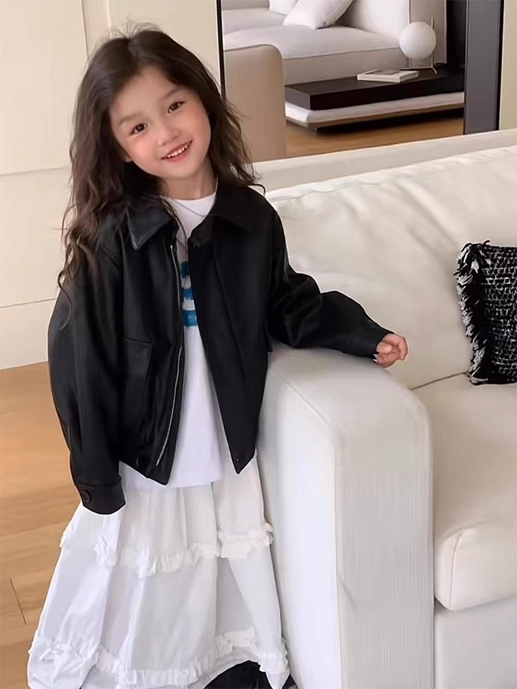 Spring and Autumn 2024 New Children's Leather Jacket Retro Motorcycle Short Jacket Handsome Korean Style Puleather Jacket for Boys and Girls