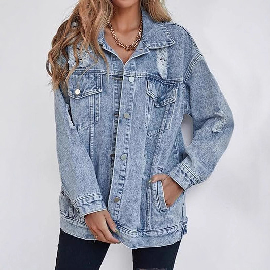 Cross-Border Temu Amazon Women's New Oversized Denim Jacket Boyfriend Ripped Denim Jacket Jacket Nk376
