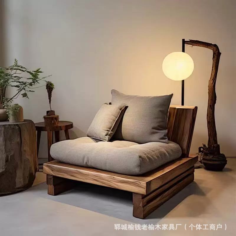 Quiet Style Solid Wood Sofa Bed Old Elm Solid Wood Living Room Simple Sofa Bed Single Double Casual Sofa Chair