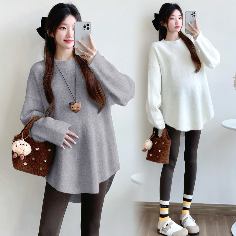 Pregnant Women's Autumn Fashion Mom's New Mid-length Lazy Style Design Sense Loose Slimming Thickened Knitted Base Top