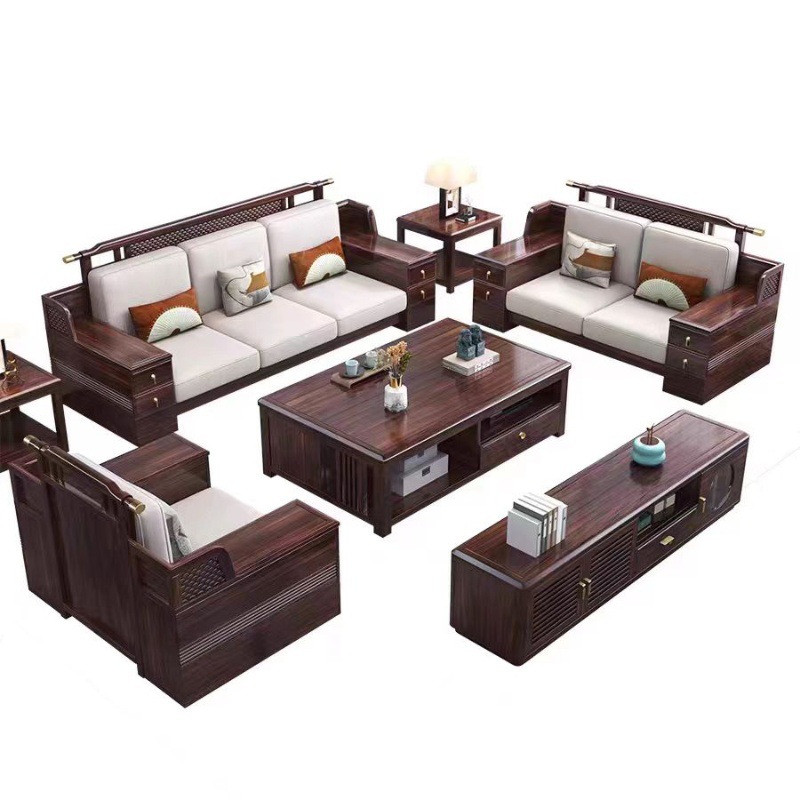 New Chinoiserie Ebony Solid Wood Sofa Home Living Room Large Apartment Fabric Large Sofa Imperial Concubine Winter and Summer Dual-Use Storage