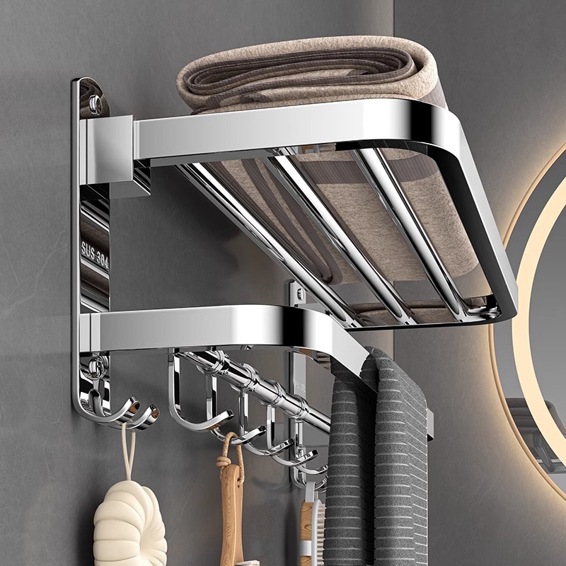 304 Stainless Steel Folding Towel Rack Punch-Free Towel Rack Bathroom Toilet Towel Rack Storage Rack