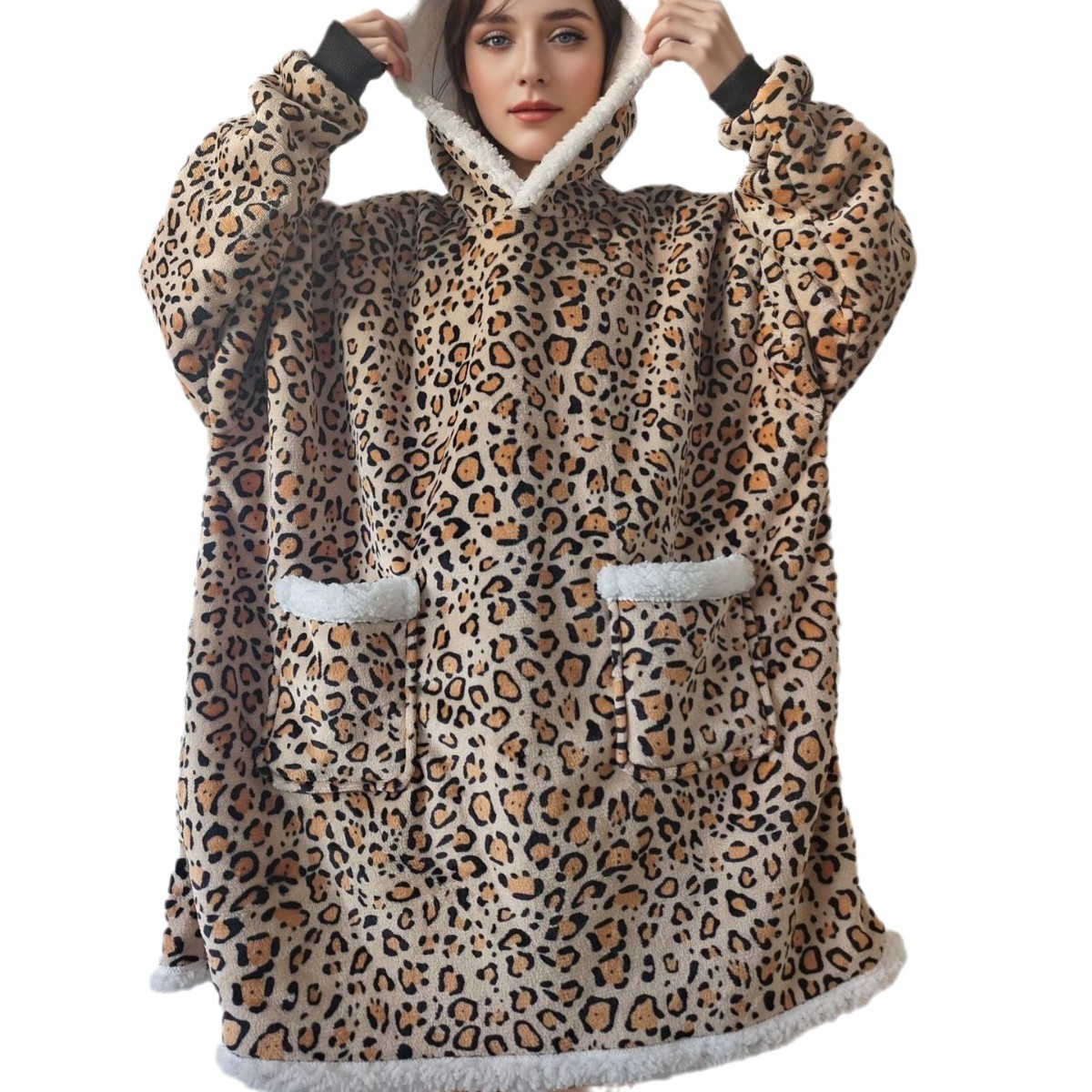 Foreign Trade Special for Leopard Print Thickened Hooded TV Blanket Loose Autumn and Winter Plush Double Pocket Lazy Clothes Fleece Jacket
