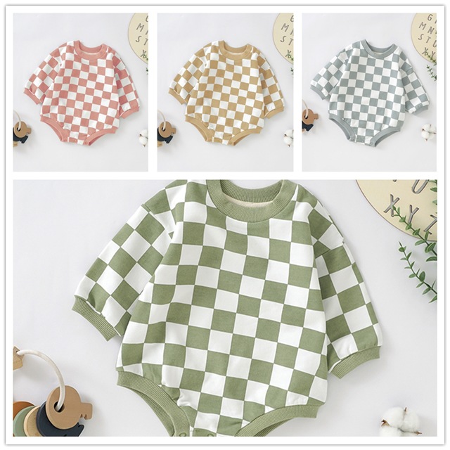Foreign Trade Children's Sweatshirt Ins Crawling Suit Checkerboard Pattern Baby Jumpsuit Organic Cotton Baby Onesie