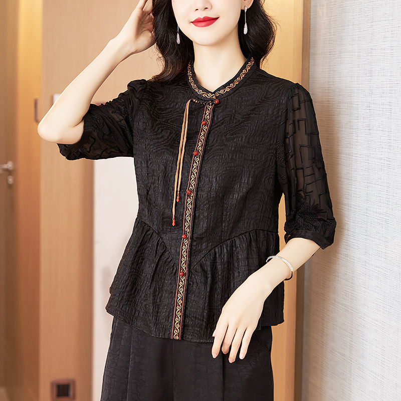 High-end big-name fragrant cloud yarn top women's 2024 spring and summer new vintage embroidered silk-like shirt for women