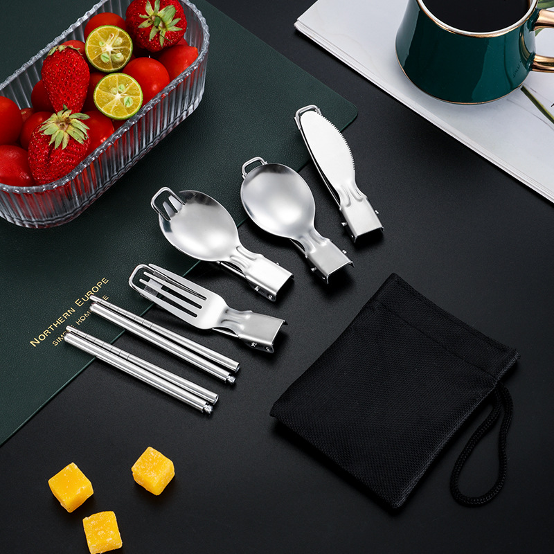 304 stainless steel folding tableware set pair folding knife fork spoon detachable chopsticks outdoor portable tableware bag