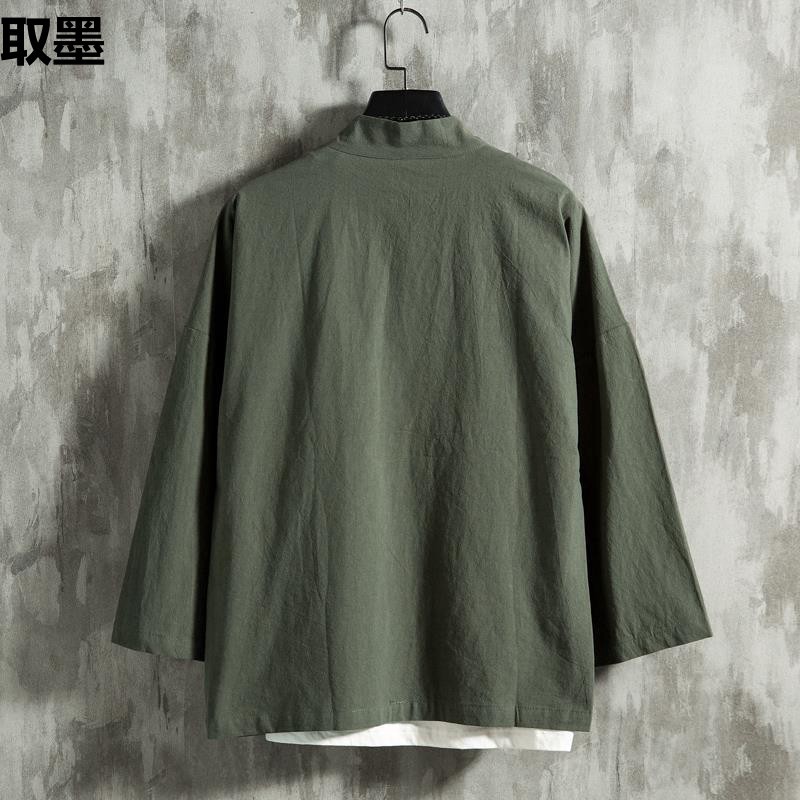 Summer Chinese-style Feather Weaving Robe Men's Hanfu Cardigan Cotton Linen Japanese-style Kimono Linen Cropped Sleeve Shirt fleece-lined