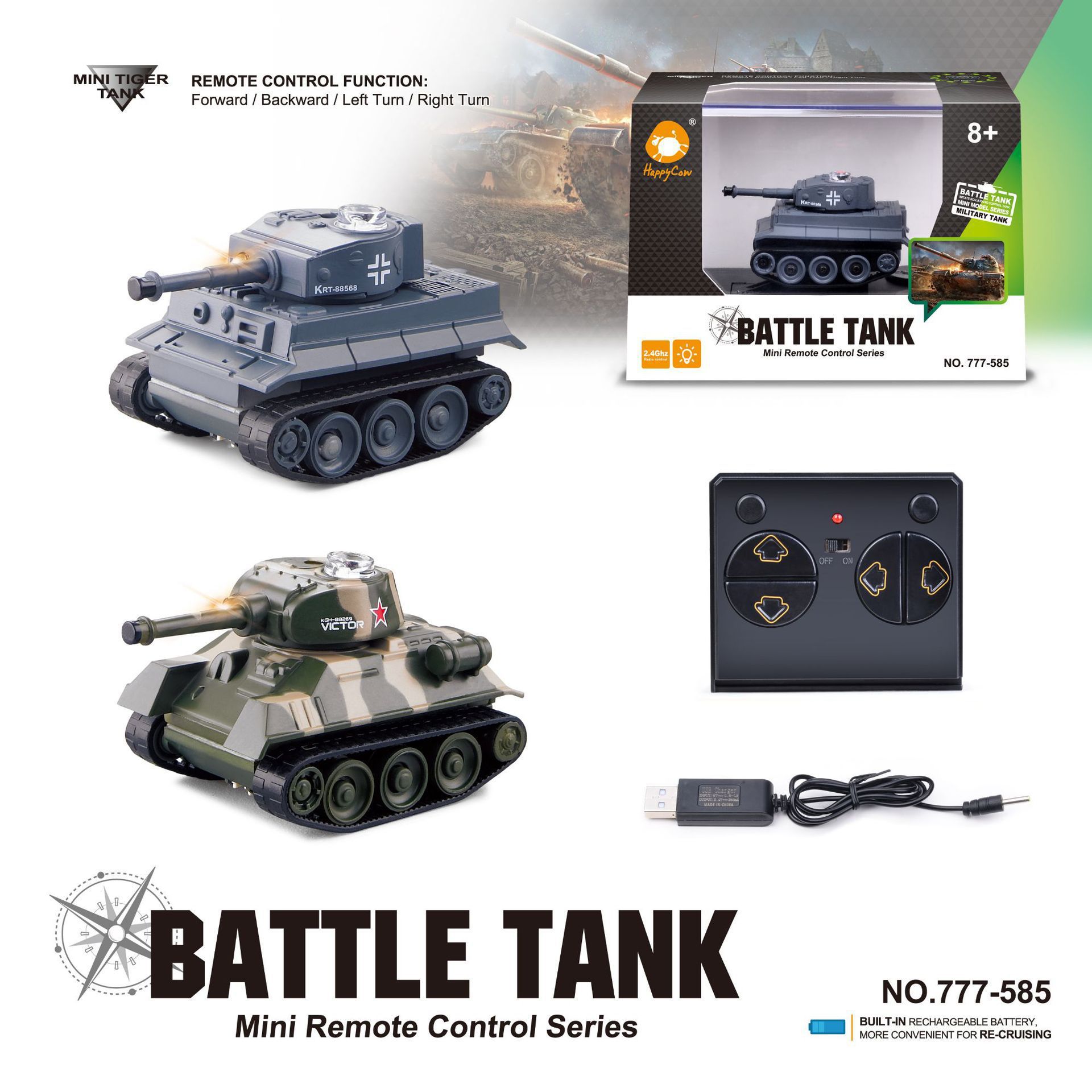 Cross-Border Mini Remote Control Tank Artificial Four-Way Wireless Charging Kidsren's Remote Control Car Military Toy 777-585