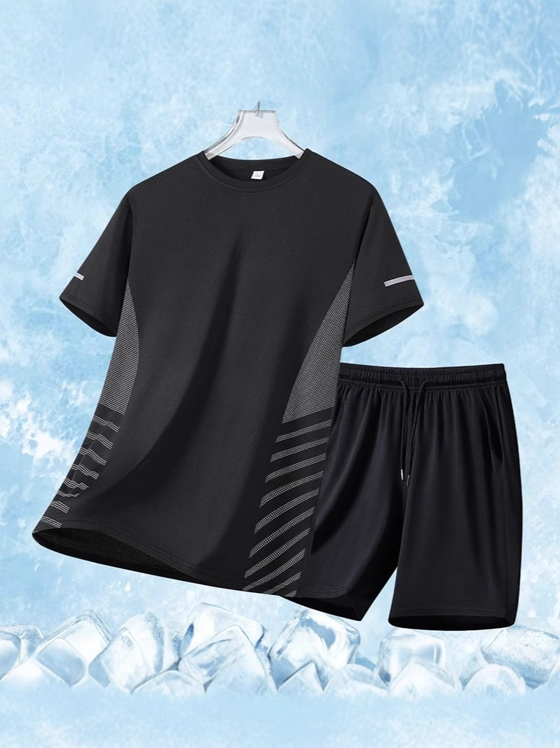 Ice Silk Breathable Suit Men's T-Shirt Short-Sleeved Shorts Breathable Quick-Drying Two-Piece Mesh Elastic Versatile Sports Suit