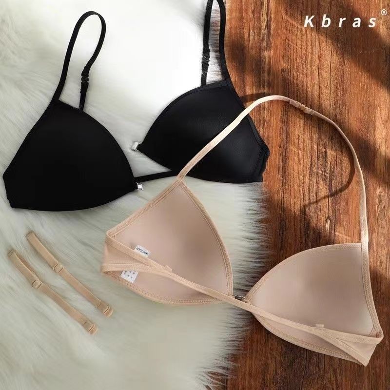 French Style Triangle Cup Underwear Women's Thin Shoulder Strap Beautiful Back Hanging Neck Front Button-up Bra Thin Non-marking Bra Summer