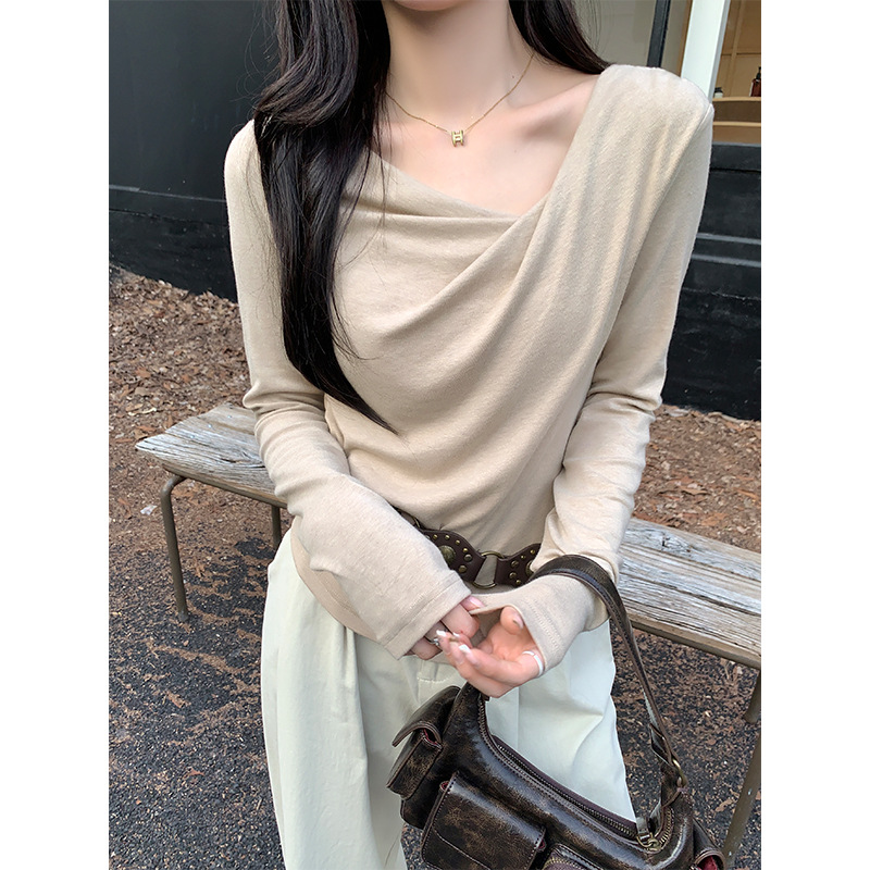 Pure Desire One-character Collar Shoulder Long-sleeved Sweater Women's Autumn and Winter Swing Collar Oblique Shoulder Pleated Tight Inner Base Top