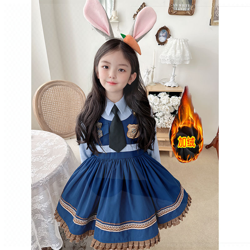 2024 Spring and Summer New Children's Rabbit Police Officer Cos Suit Cartoon Lolita Fake Two-Piece Girls Dress