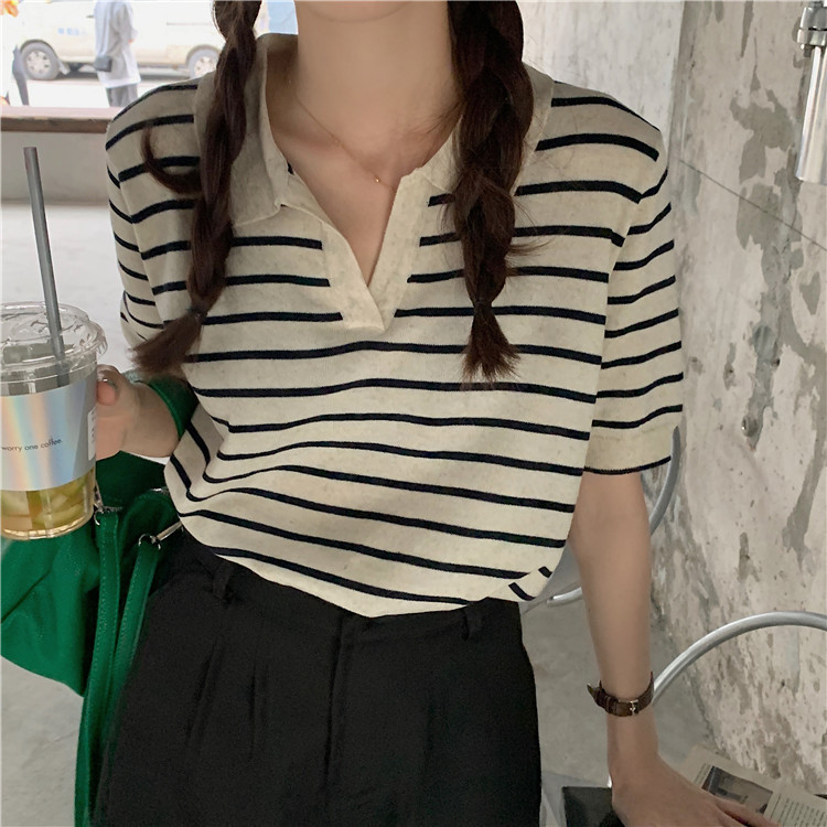 Versatile Retro T-Shirt Loose Short-Sleeved Knitwear 2025 New Lazy Style Stripesd V Neck Pullover Polo Shirt for Women
