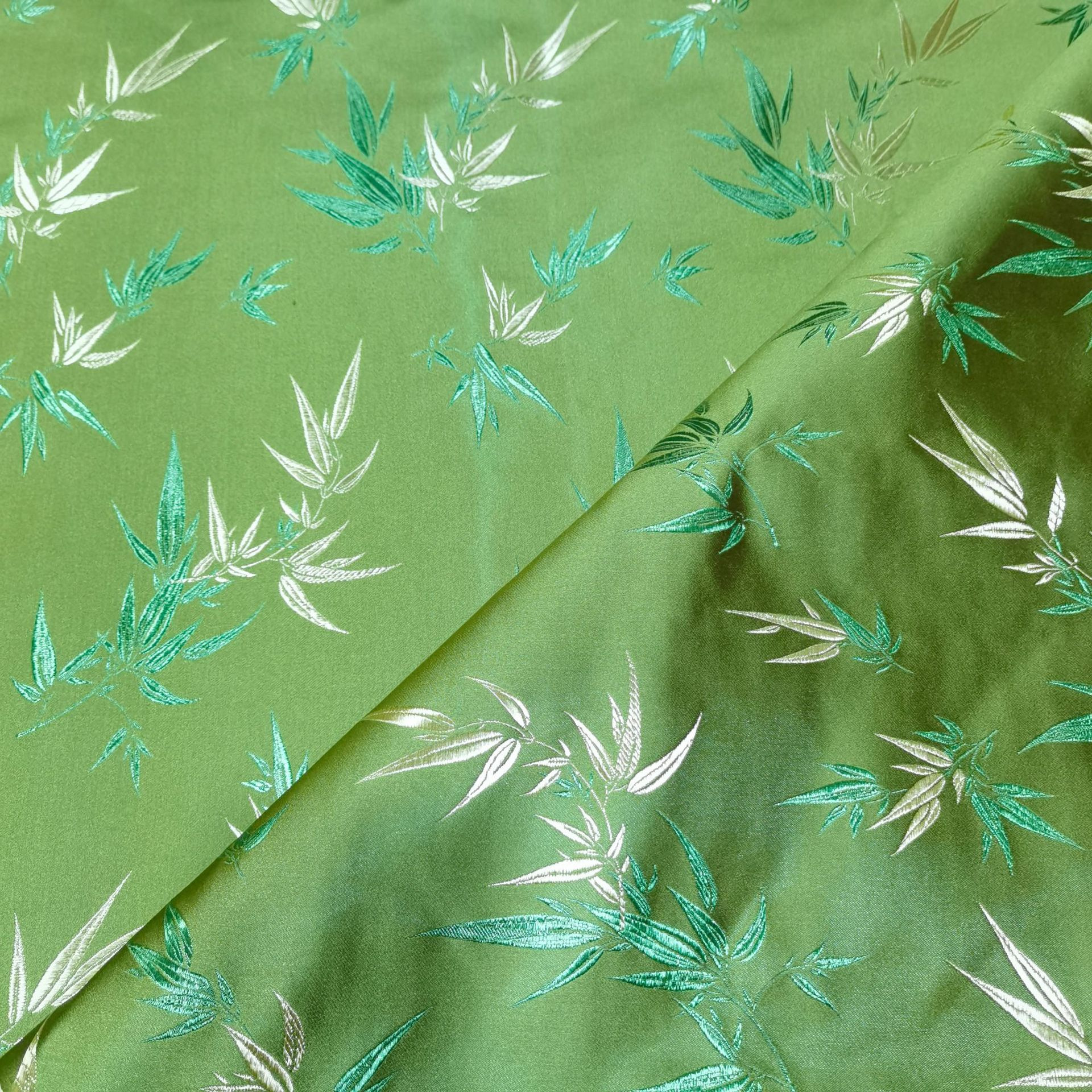 Manufacturer of Large Bamboo Leaf Jacquard Brocade Satin Antique-Style Tang Suit Cheongsam Fabric Pet Clothing Cushion Fabric Silk Material