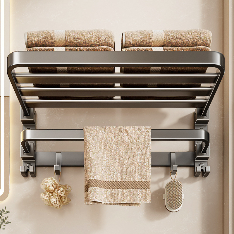 One-Piece Accessible Luxury Dual-Use Foldableing Gun Gray Towel Rack Bathroom Wall-Mounted Towel Rack Punch-Free Bathroom Set