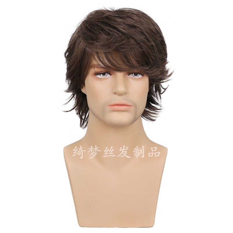 Wig Processing Export European and American Fashion Men's Short Hair, Brown Wig, Fluffy Partial Long Bangs Straight Hair