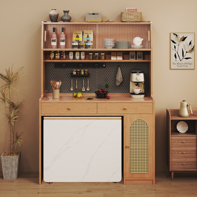 Antique Walnut Folding Sideboard Retractable Small Apartment Invisible Dining Table Embedded Integrated Dining Table and Chair