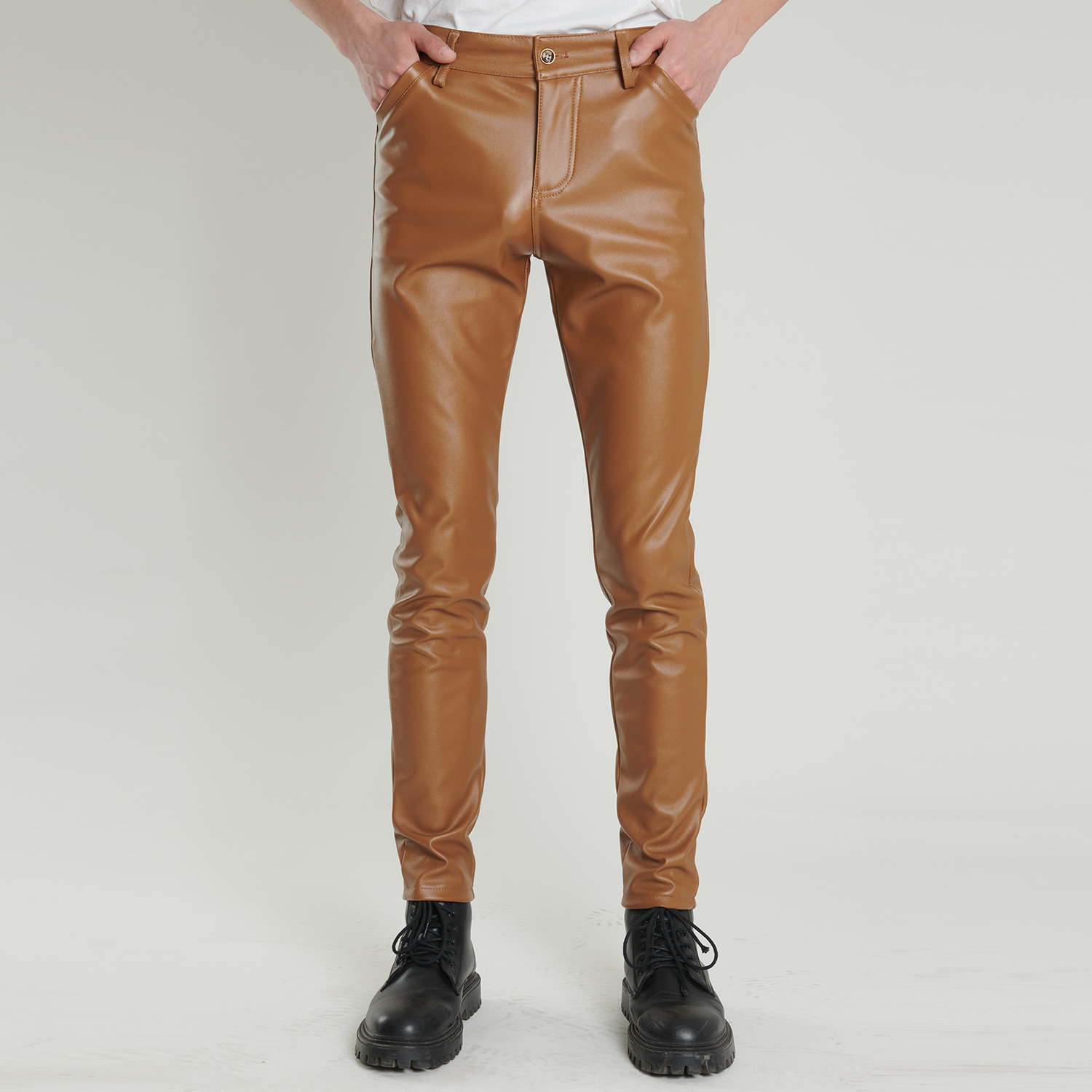 Cross-Border Young and Middle-Aged Leather Pants Men's Elastic Slim Green Blue Dance Performance Bar Brown Barber Salon Trendy and Cool