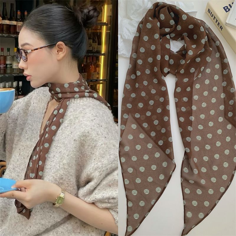 Шелковый шарф с коричневыми точками, высококачественные аксессуары для шеи, женский, новый стиль 2025, длинный шарф для волос