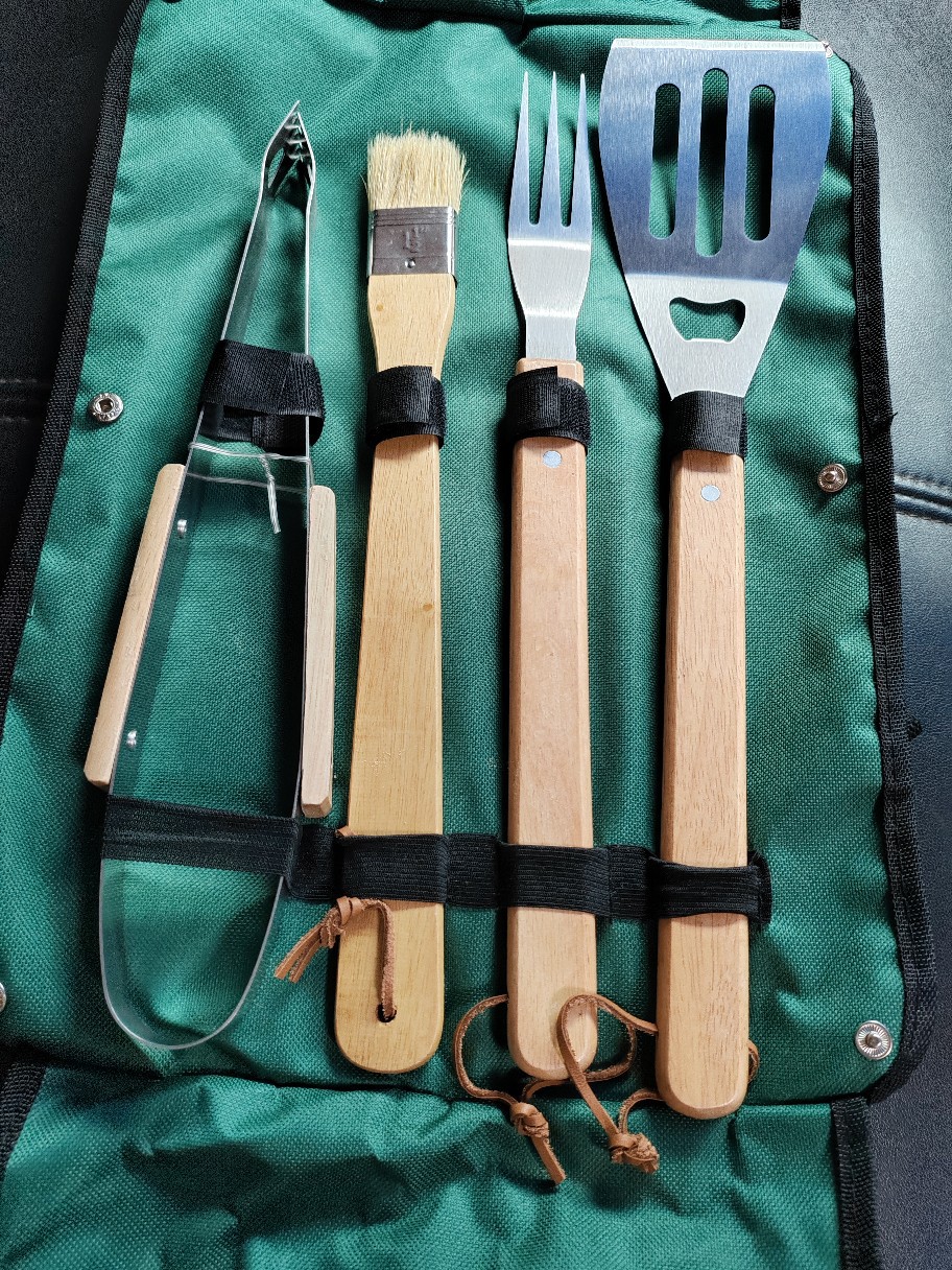 Factory wholesale stainless steel outdoor barbecue tools suit in stock tote bag wooden handle rotisserie 5 piece set