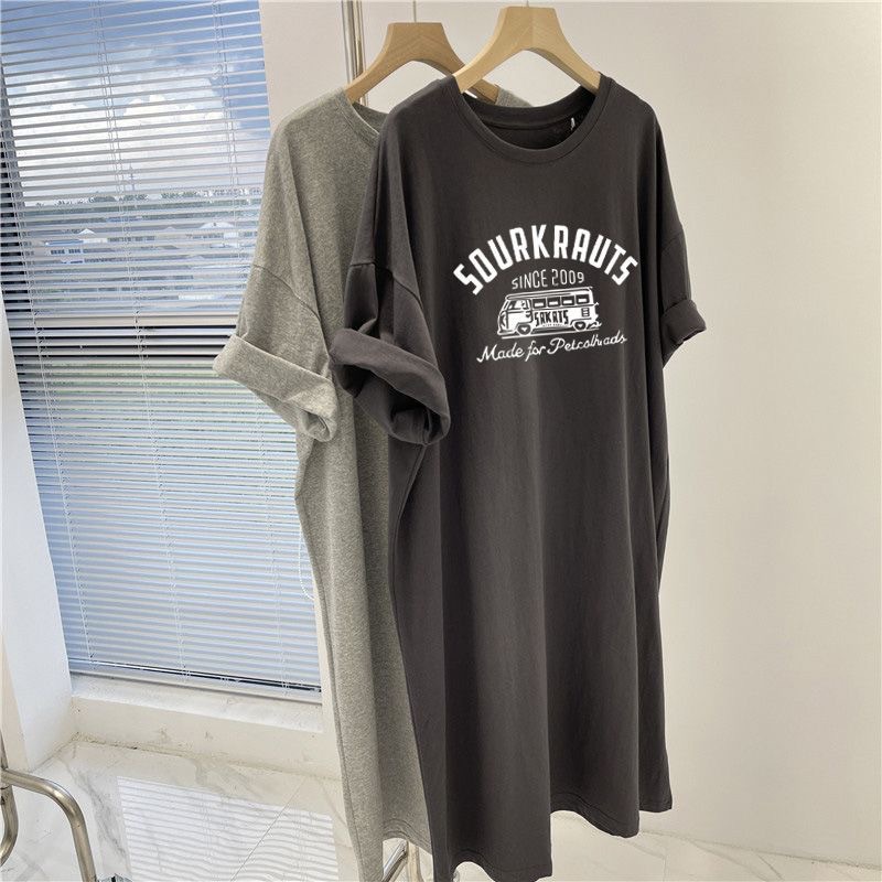 Plus Size Retro Chic Short-Sleeved T-Shirt Dress for Women 2025 New Loose Slimming Look Mid-Length Slit Skirt Summer