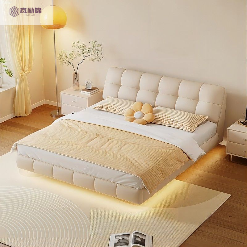 Cream Style Bedroom Furniture Set Suspended Bed 1.5m Leather Bed 1.5m Double Master Bedroom Bed Home Storage Bed