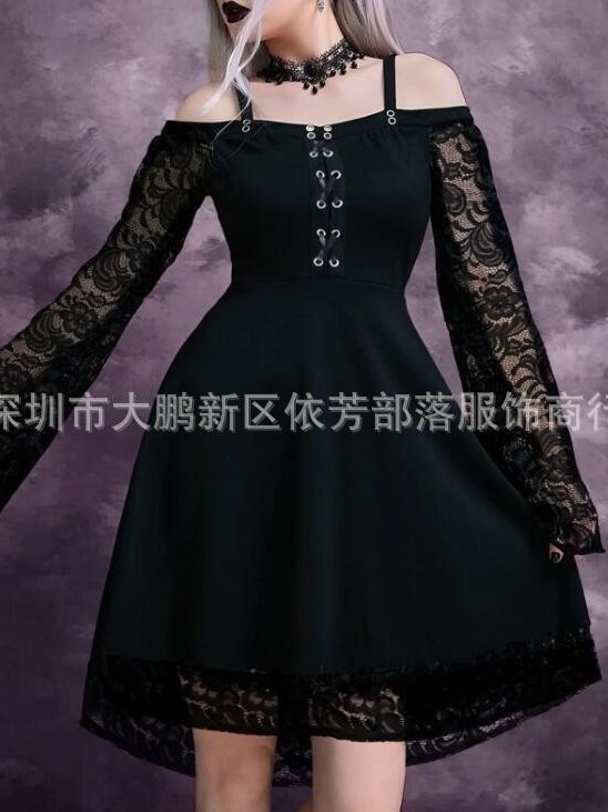 платье средней длины с открытыми плечами, кружевными рукавами-колоколами и лентами, большой размах, сексуальное, европейский и американский стиль