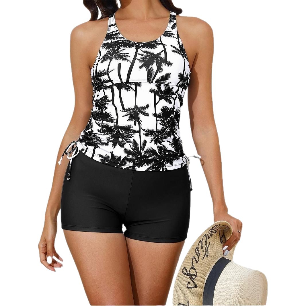Cross-border New Coconut Tree Printed Drawstring Strap Fashion Conservative Belly Bikini Bikini Split Tankini