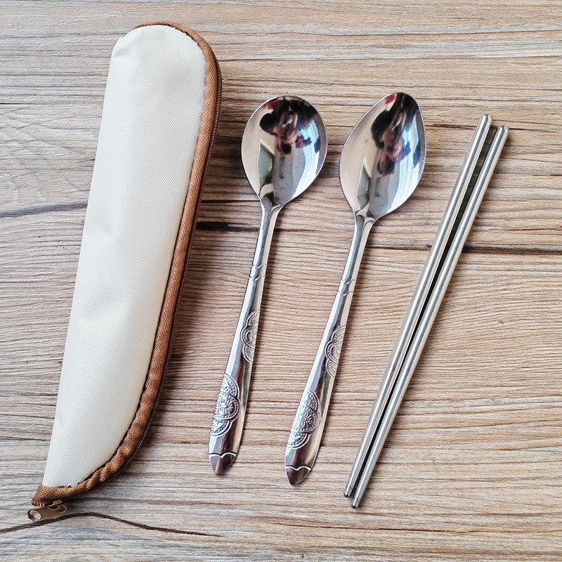 Internet Popular Stainless Steel Portable Tableware Student Spoon Chopsticks Household Children Spoon Chopsticks suit Outdoor Travel Tableware suit