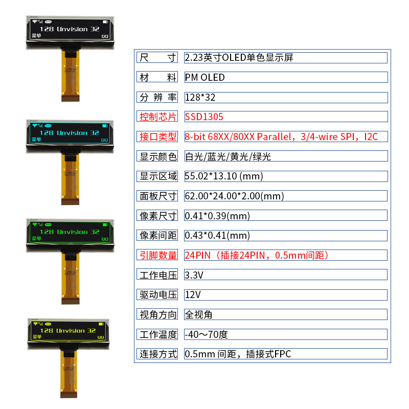 2.23-inch oled screen narrow edge SSD1305 drive welding 12832 industrial screen monochrome horizontal screen display
