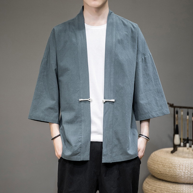New Chinese-Style Tang Suit Improved Hanfu Robe Men's Ethnic Style Button-Up Cardigan Shirt Cotton Linen Button-Up Jacket