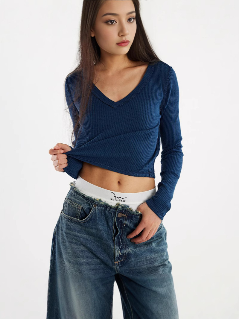 European and American New Women's Solid Color Slim Fit Regular Shoulder Long Sleeve Small Waffle V-Neck Fashion Versatile Top