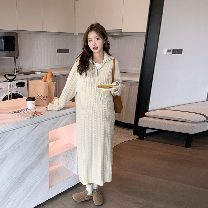 Autumn and Winter New Maternity Wear Korean Style Long Maternity Sweater Skirt Half Zipper Twist Long Skirt Casual Slimming Look Half Turtleneck