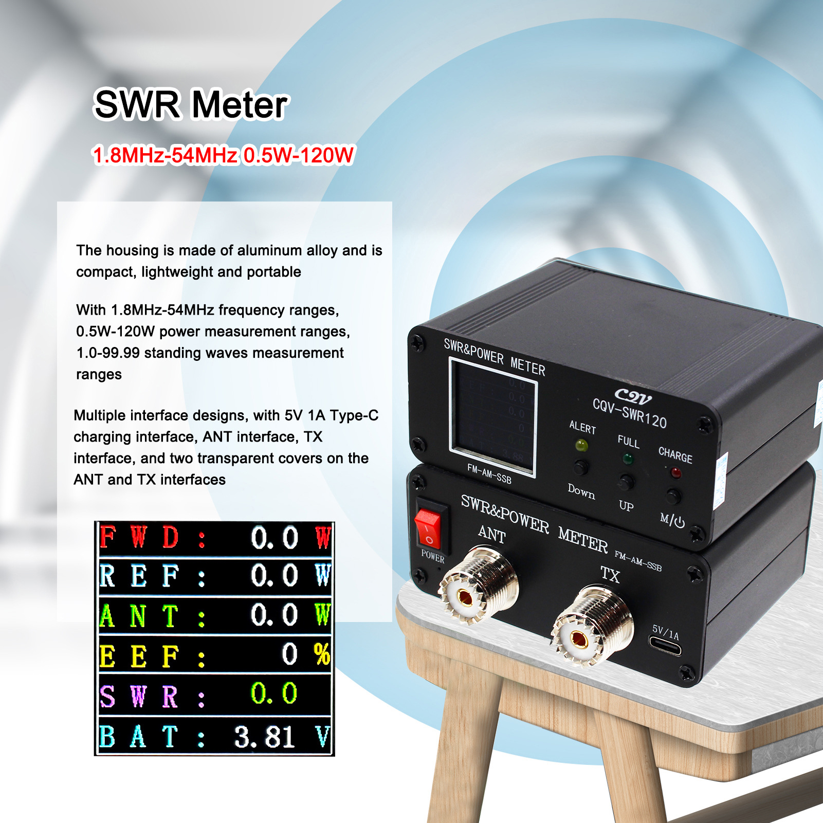 CQV-SWR 120 120w Digital Power Standing Wave Meter 240*240 Full Color HD Display FM-AM